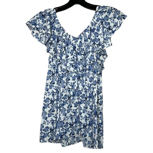 Rebecca Taylor Aimee Off Shoulder Blue & White Cotton Floral Top Size 4 - Picture 2 of 11